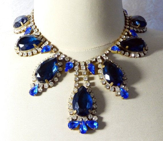 Czech Glass Husar D Large Royal Blue Stone Rhinestone Statement Necklace