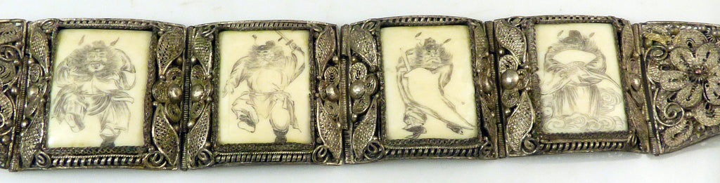 Antique Chinese Export Ox Bone Silver Filigree Warrior Scrimshaw Bracelet - Vintage Lane Jewelry