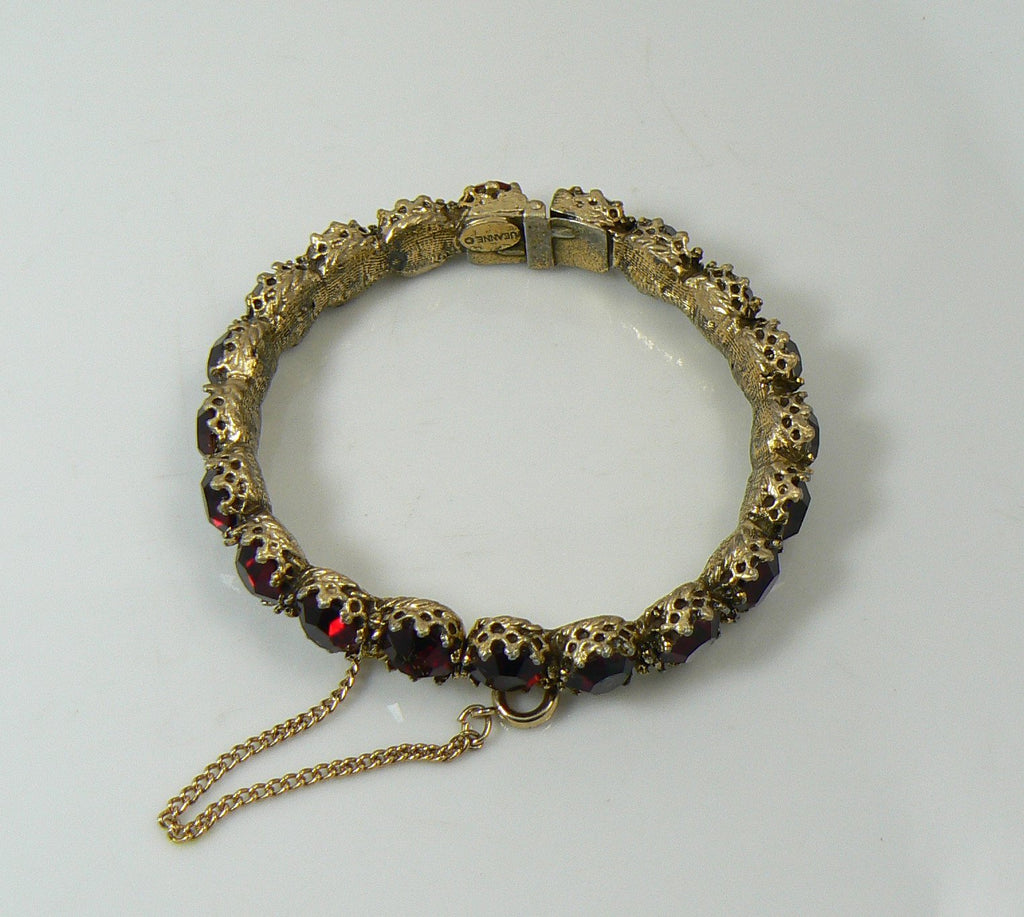 Vintage Jeanne Ruby-Red Rhinestone Clamper Bracelet - Vintage Lane Jewelry