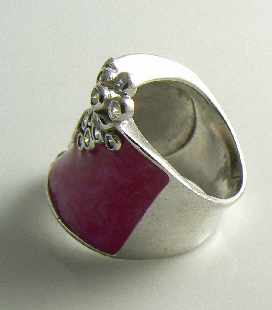 Sterling Silver 925 Pink Enamel Genuine White Topaz Pink Enamel Ring - Vintage Lane Jewelry