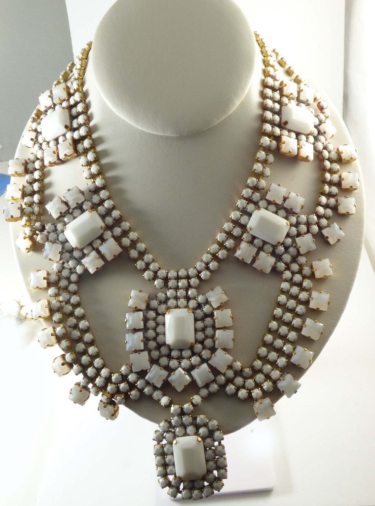 Czech Glass Bold Milk Glass Necklace with Matching Clip Earrings, Wedding Set, Bridal Jewelry - Vintage Lane Jewelry