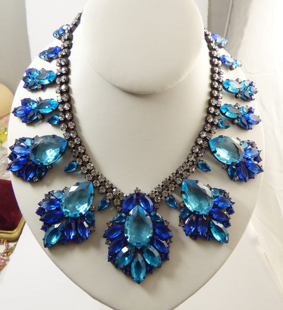 Blue Rhinestone Czech Glass Japanned Metal Statement Necklace