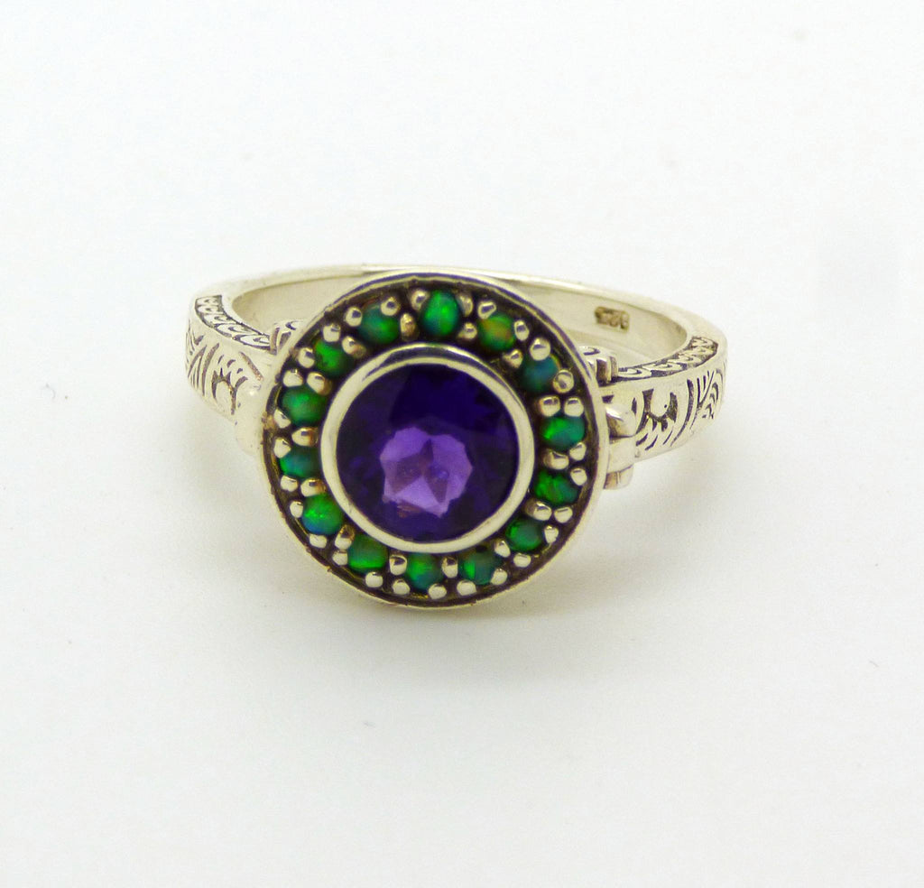 Art Deco Natural Amethyst and Opal Sterling Silver Poison Pill Box Ring