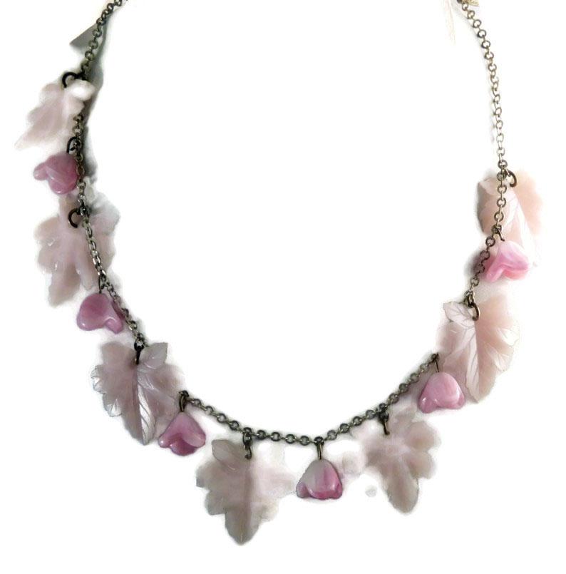 Vintage Miriam Haskell Pale Pink Leaf and Flower Charm Dangle Silver tone Necklace