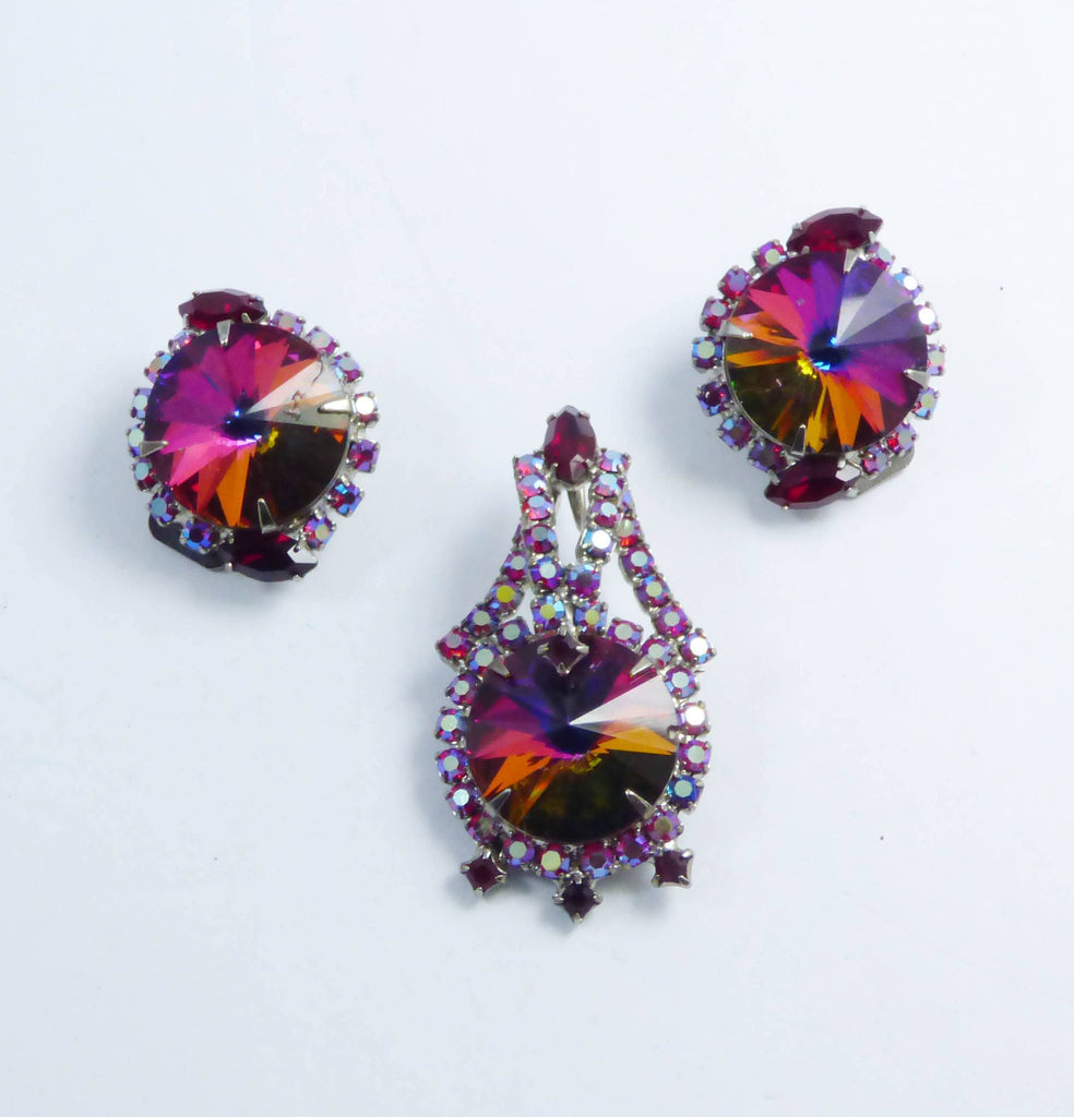Siam Red AB Rhinestones Reddish Blue Rivoli Stones Brooch Pendant and Clip Earrings