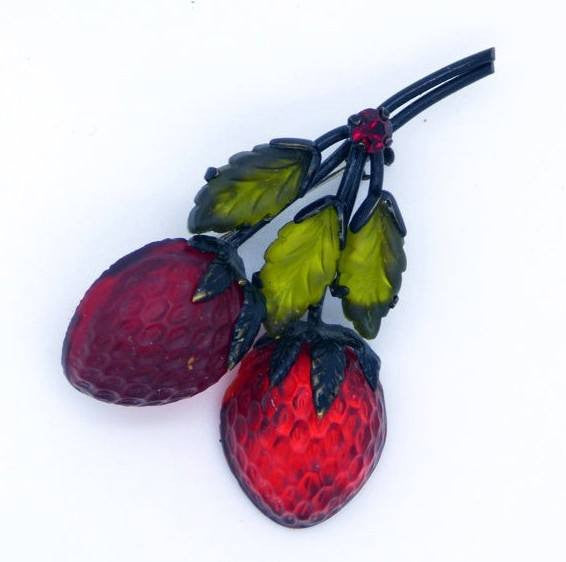 Vintage Austria Fruit Pin with Satin Glass Double Berries and Glass Leaves