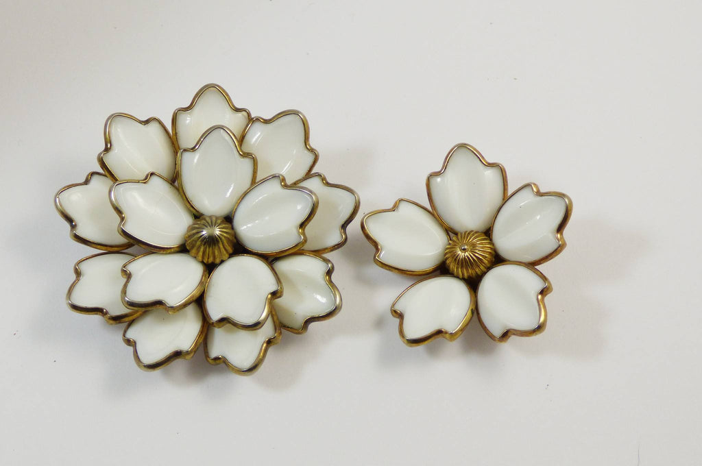 Vintage Crown Trifari Milk Glass Parure, Necklace, Clip Earrings, Flower Pins - Vintage Lane Jewelry