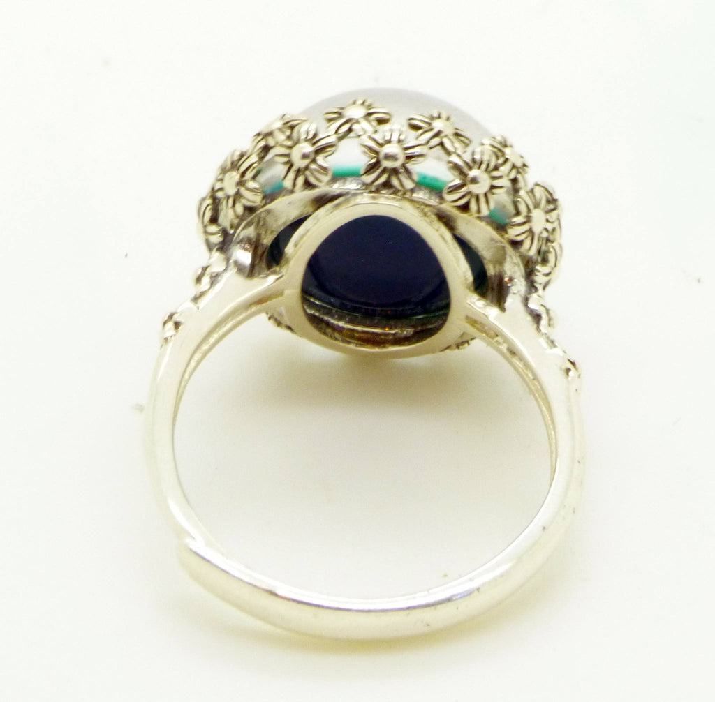 Round Mood Ring Sterling Silver Floral Filigree Setting, Adjustable. - Vintage Lane Jewelry