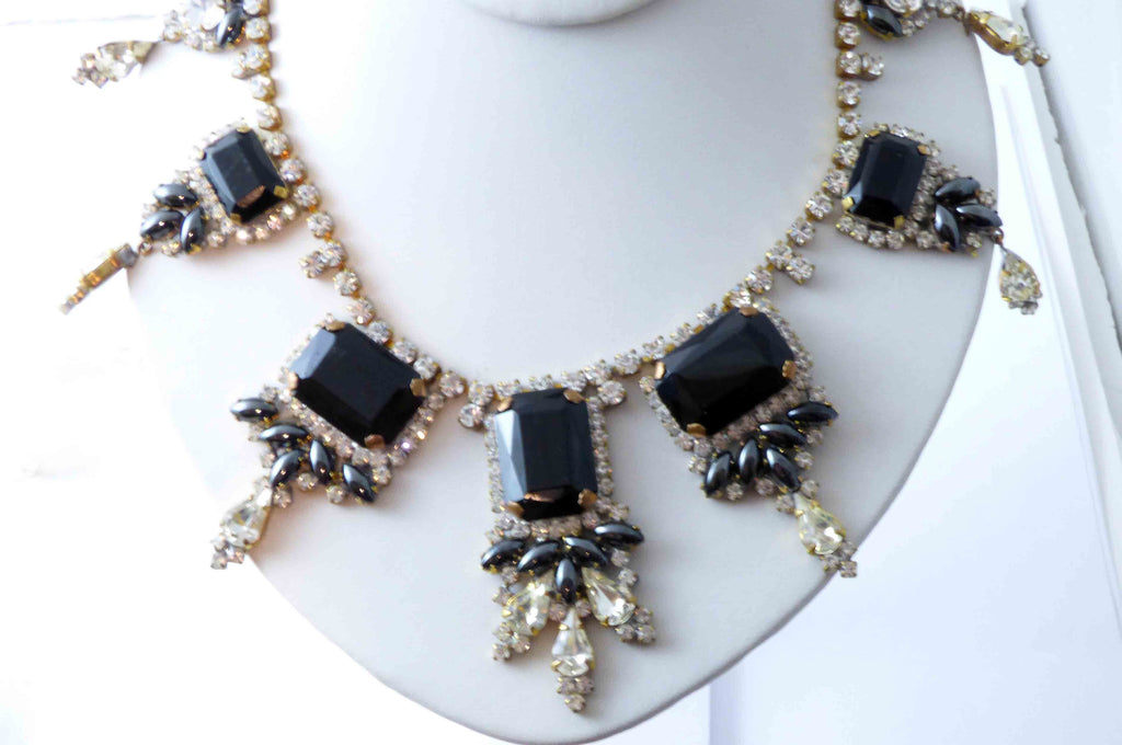 Husar D Czech Glass Black and Clear Rhinestone Necklace