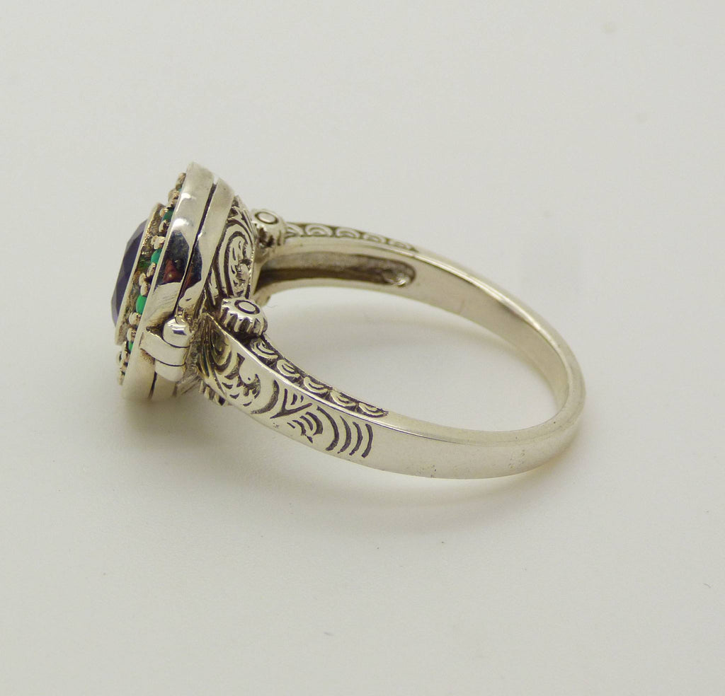 Art Deco Natural Amethyst and Opal Sterling Silver Poison Pill Box Ring - Vintage Lane Jewelry
