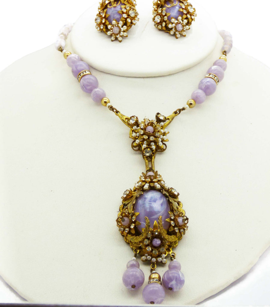 Early Miriam Haskell Lavender Art Glass, Rhinestone, Seed Pearl Necklace and Earrings