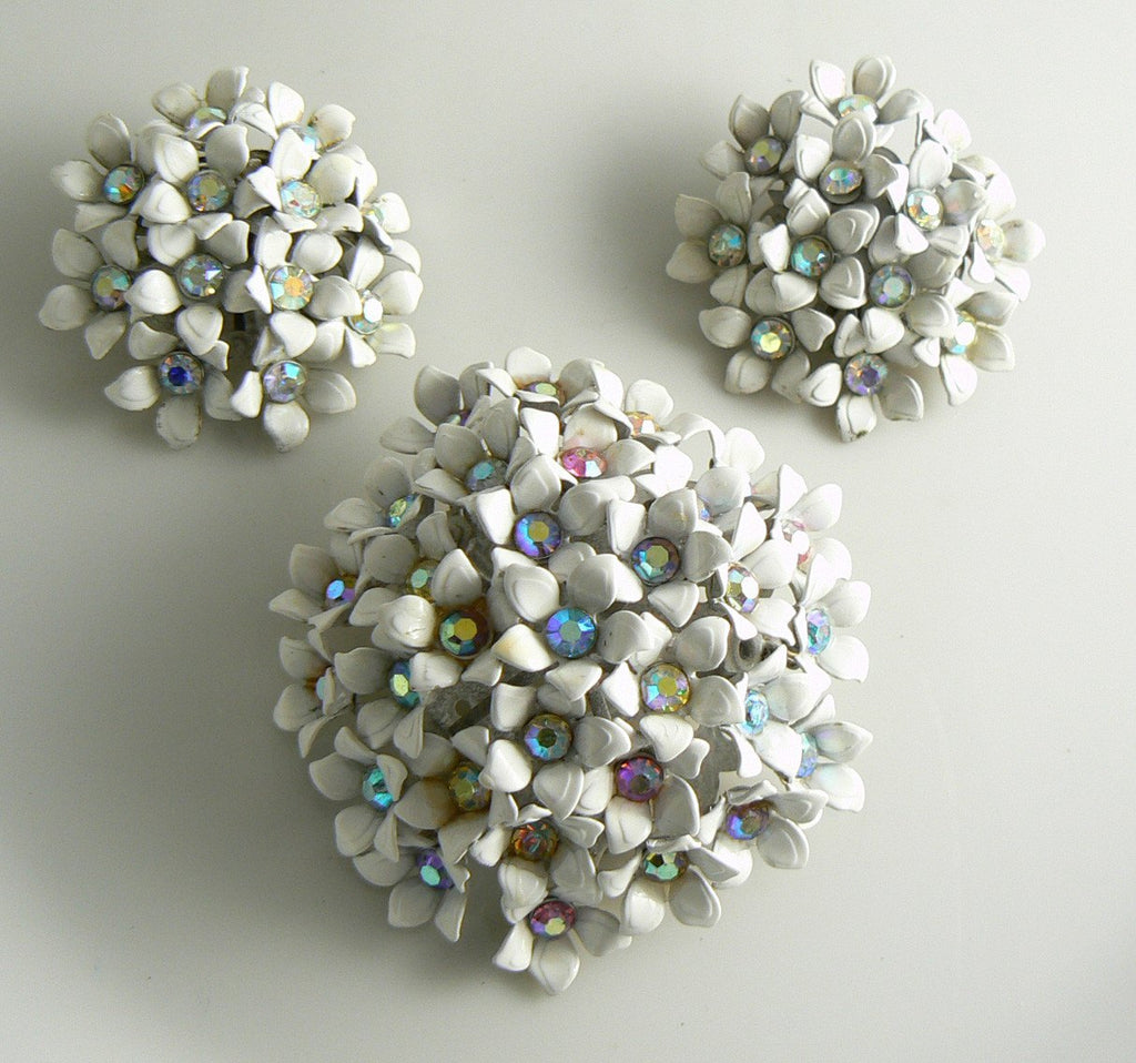 Kramer White Enamel Rhinestone Demi Parure