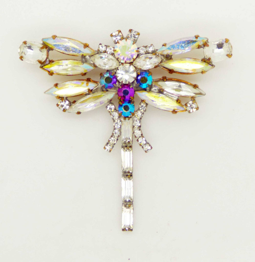 Czech Glass AB Rhinestone Dragonfly Brooch, Figural Pin