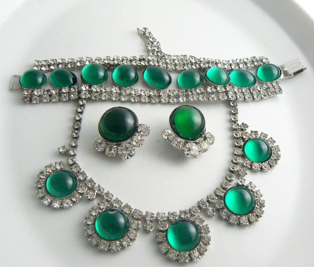 Emerald Green Large Glass Cabochon Rhinestone Parure