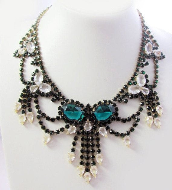 Czech Glass Husar D Green and Clear Statement Necklace