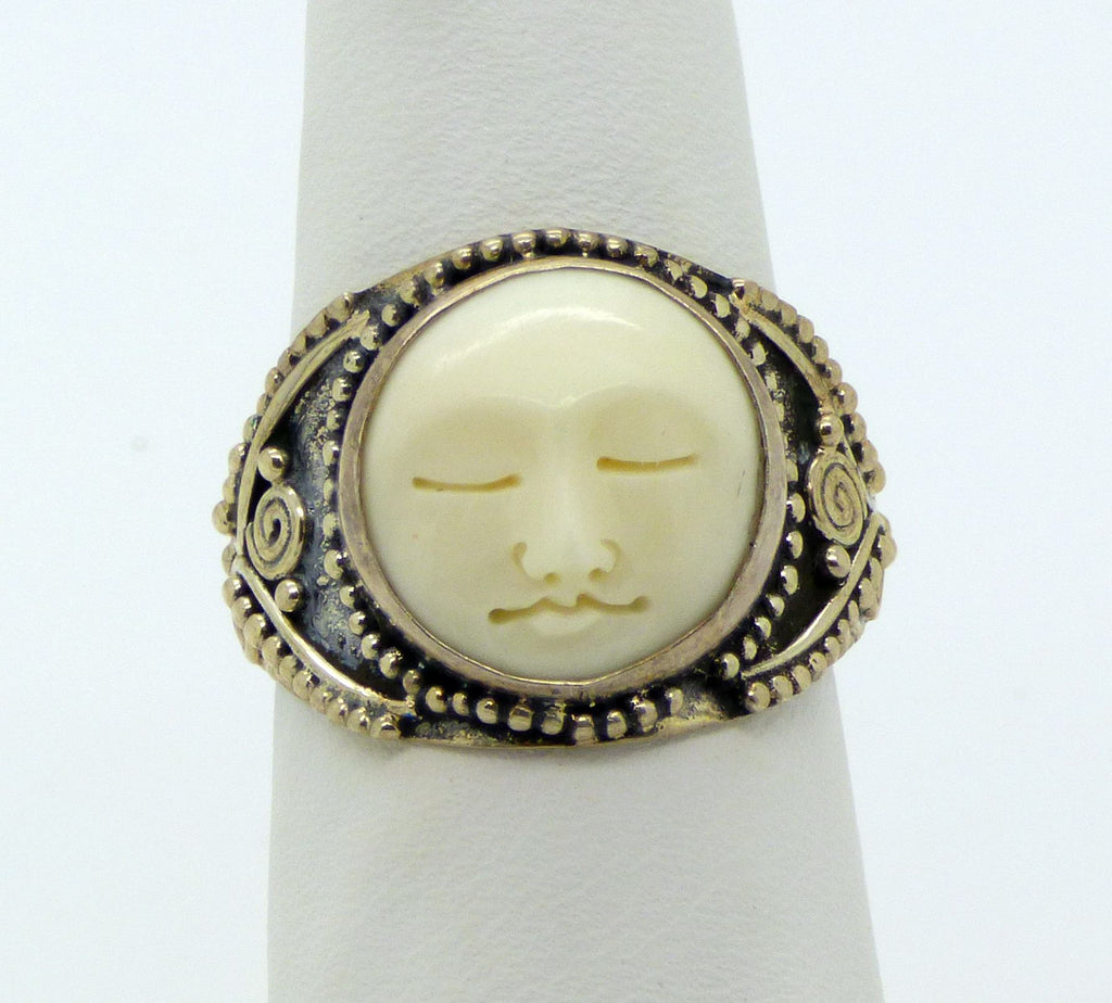 Balinese Bone Carved Face Sterling Silver 925 Ring, Size 7.5