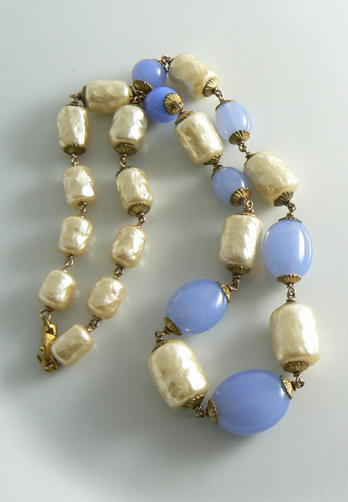 Miriam Haskell Baroque Style Pearl Chalcedony Glass Bead Necklace