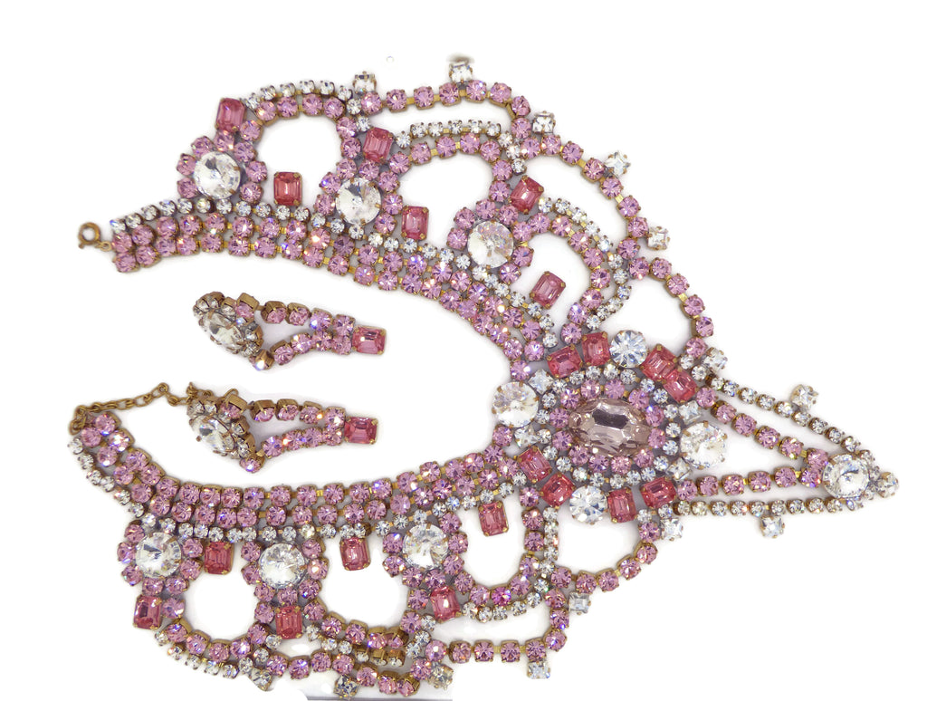 Pink Rhinestone Czech Glass Bijoux MG Necklace and Earrings