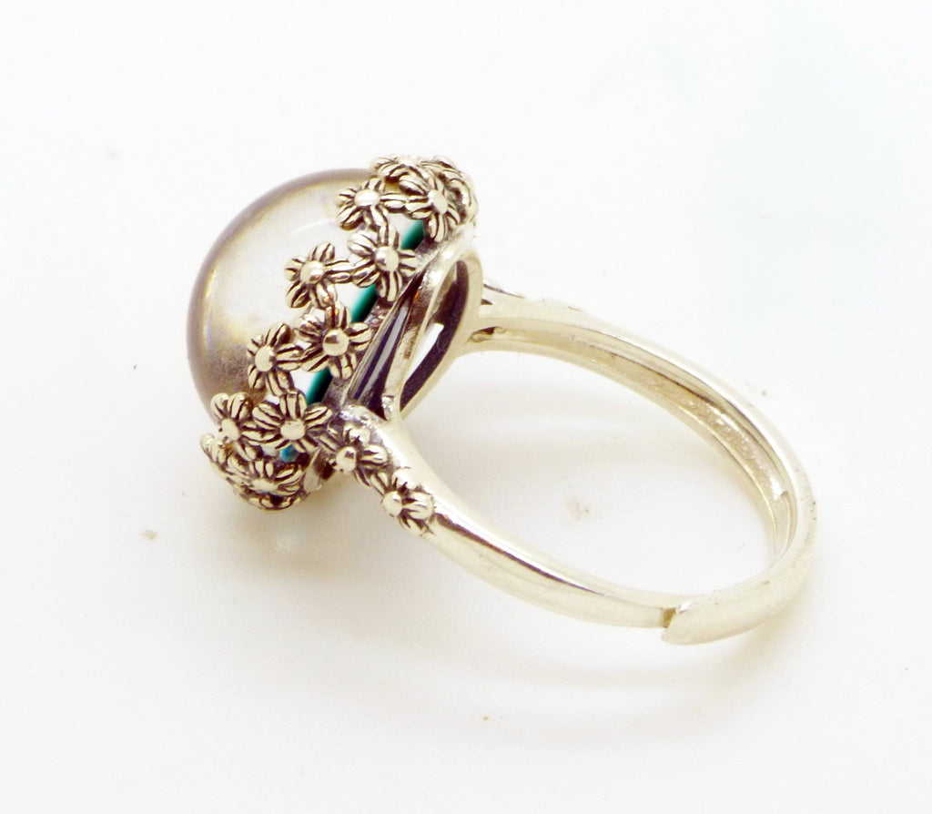 Round Mood Ring Sterling Silver Floral Filigree Setting, Adjustable. - Vintage Lane Jewelry