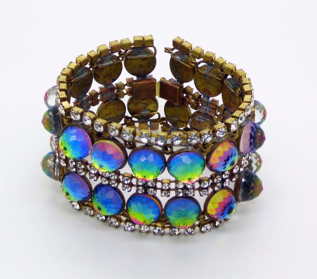 Czech Glass Rhinestone and Iridescent Cabochon Wide Brass Bracelet - Vintage Lane Jewelry