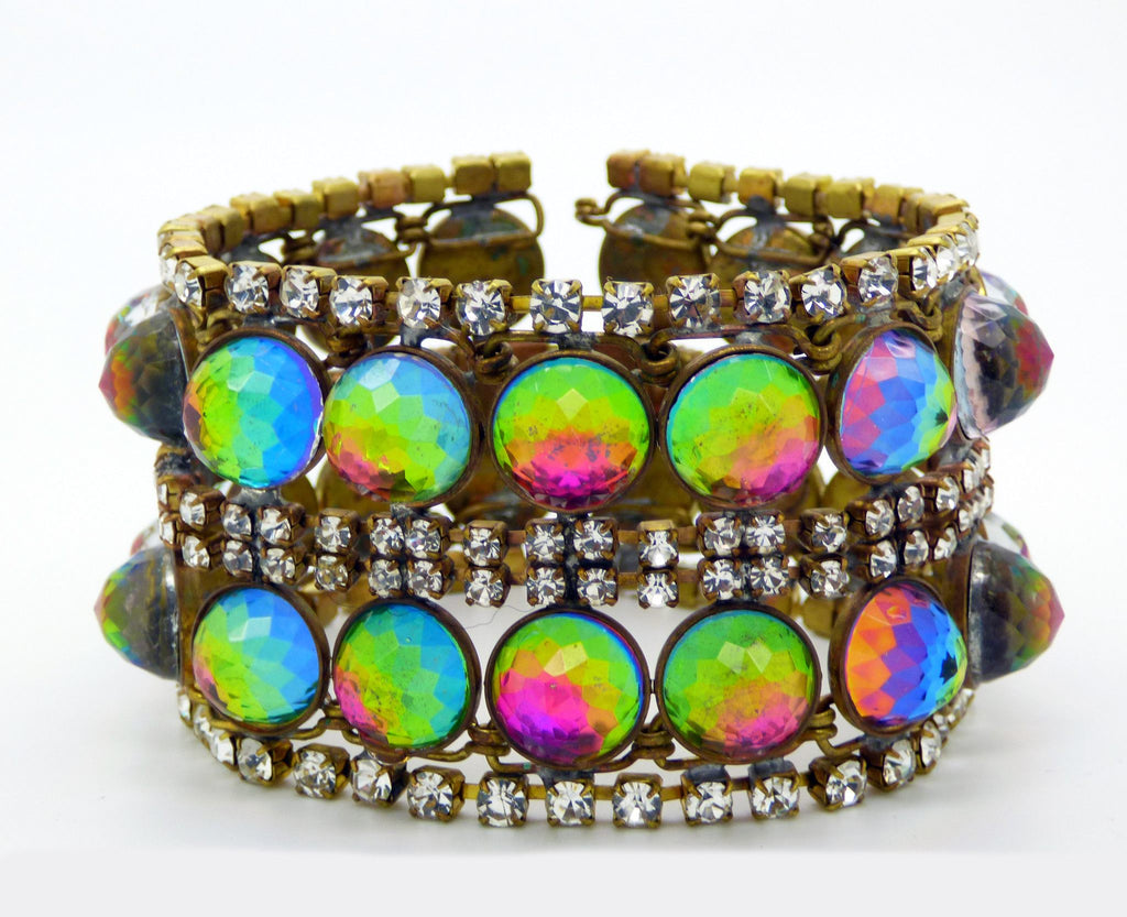 Czech Glass Rhinestone and Iridescent Cabochon Wide Brass Bracelet