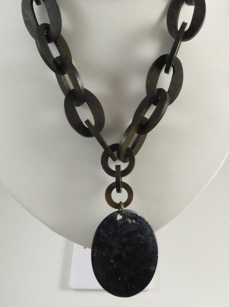Antique Victorian Mourning Gutta Percha Painted Floral Pendant Necklace - Vintage Lane Jewelry