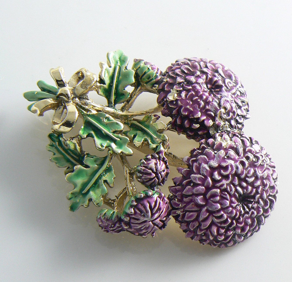 Signed Exquisite Enamel Chrysanthemum Flower Brooch