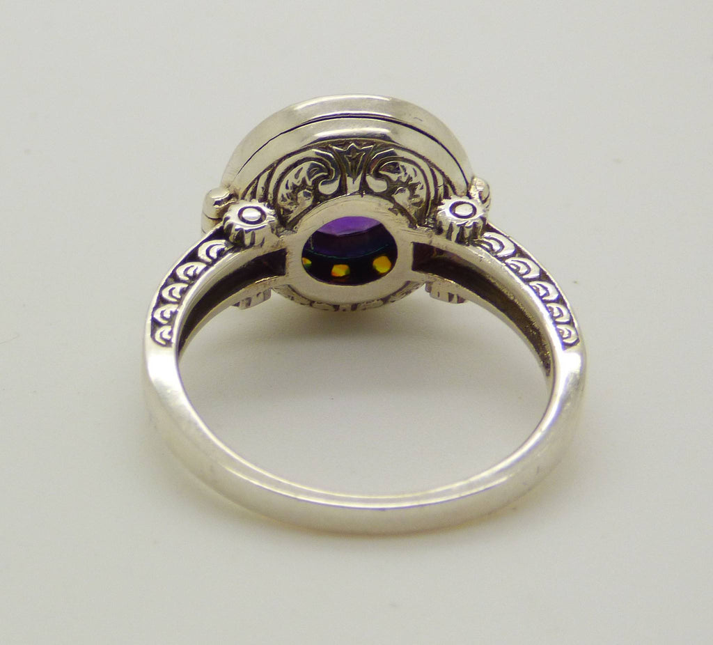 Art Deco Natural Amethyst and Opal Sterling Silver Poison Pill Box Ring - Vintage Lane Jewelry