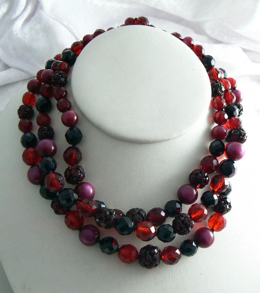 Vintage Marvella Red Rhinestone And Glass Bead 3 Strand Necklace