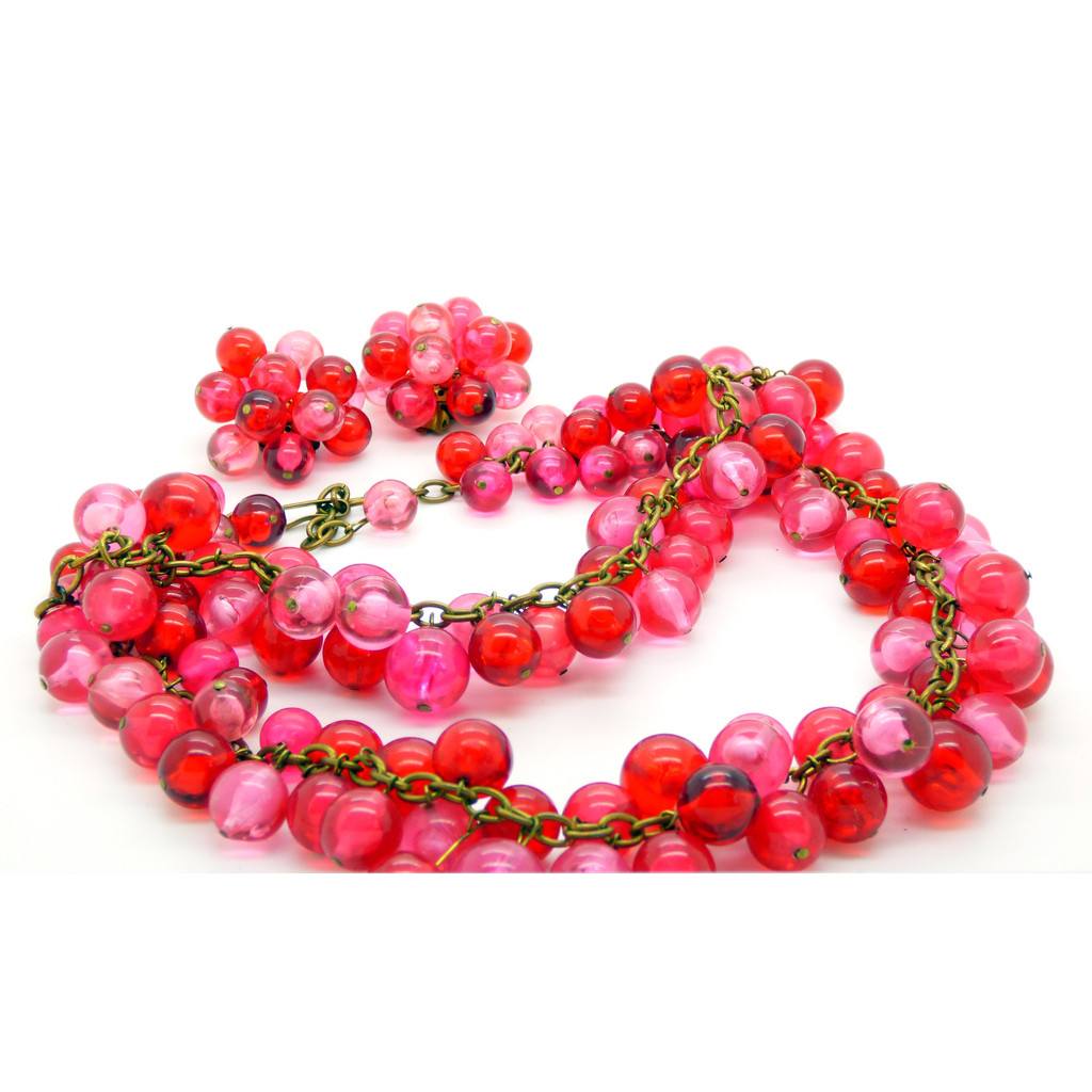 Vintage Acrylic Bead Shades of Pink Dangle Cluster Set, Necklace, Bracelet and Clip Earring Parure