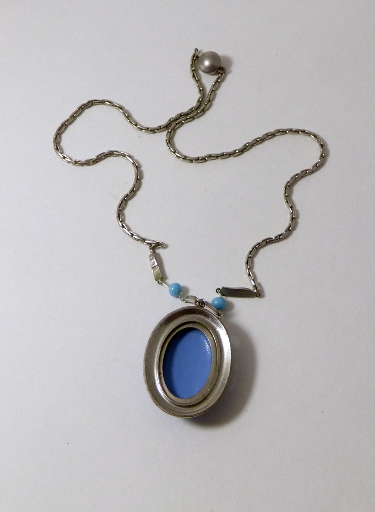 Art Deco Blue Enamel and Molded Glass Flower Necklace - Vintage Lane Jewelry