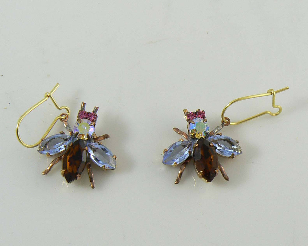Czech Glass Rhinestone Fly Earrings, Topaz and Lavender