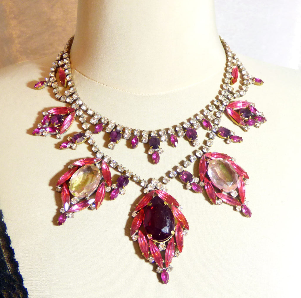 Czech Glass Statement Reds and Pinks Rhinestone Necklace - Vintage Lane Jewelry