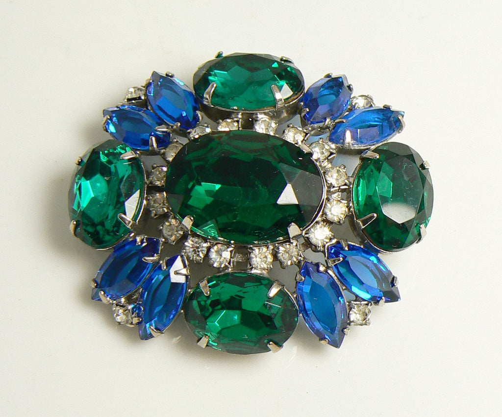 Open Back, Prong Set Blue and Green Glass Stone Brooch