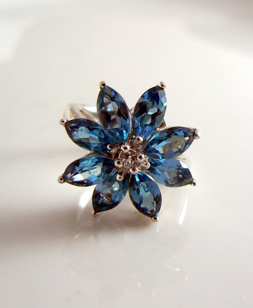 Sterling Silver Genuine Blue White Topaz Marquise Cut Flower Ring - Vintage Lane Jewelry