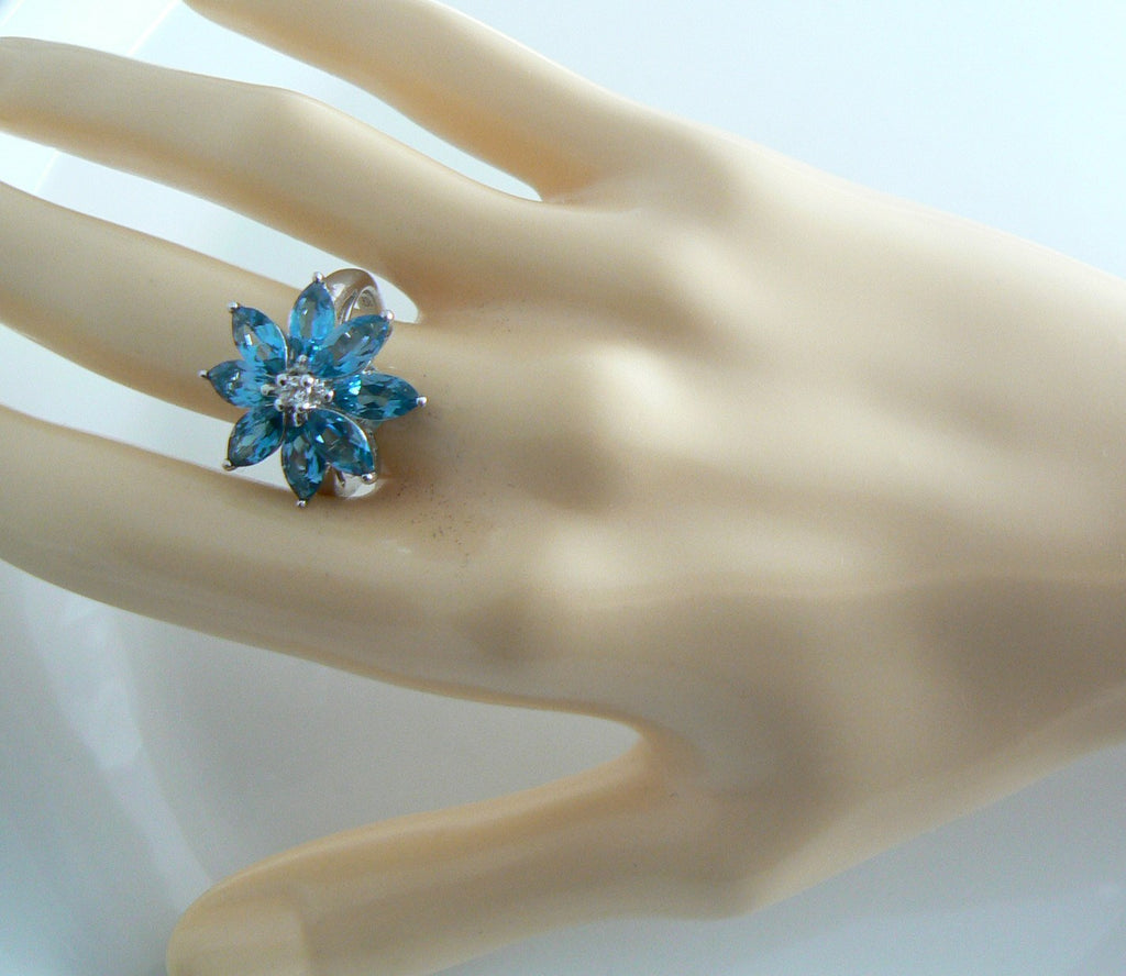 Sterling Silver Genuine Blue White Topaz Marquise Cut Flower Ring - Vintage Lane Jewelry