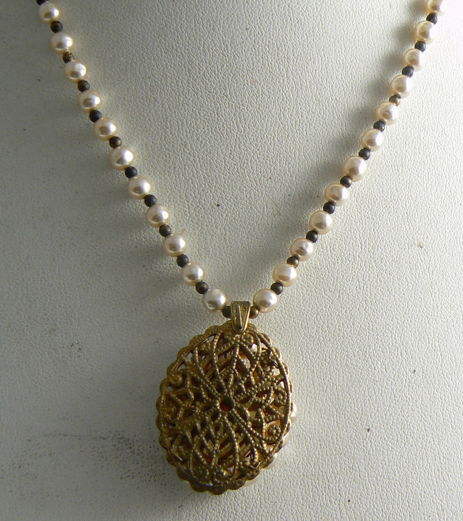 Miriam Haskell Glass Pearl Cameo Necklace - Vintage Lane Jewelry