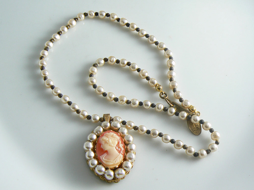 Miriam Haskell Glass Pearl Cameo Necklace