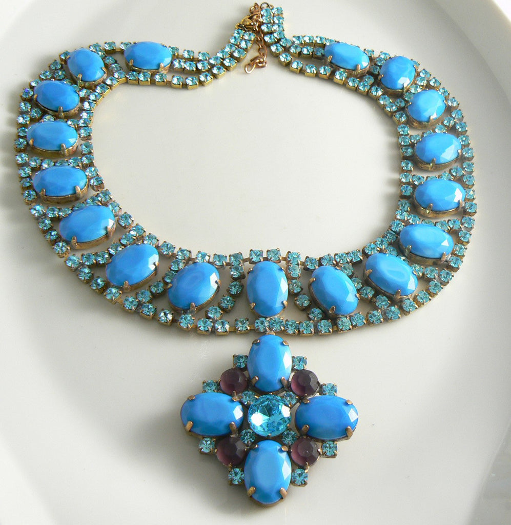 Czech Glass Opaque Blue Rhinestone Taboo Necklace