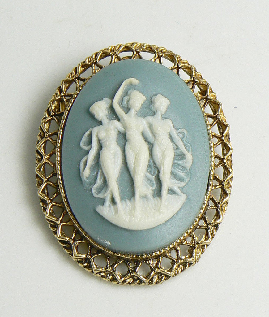 Vintage Blue Celluloid Three Graces Cameo Brooch