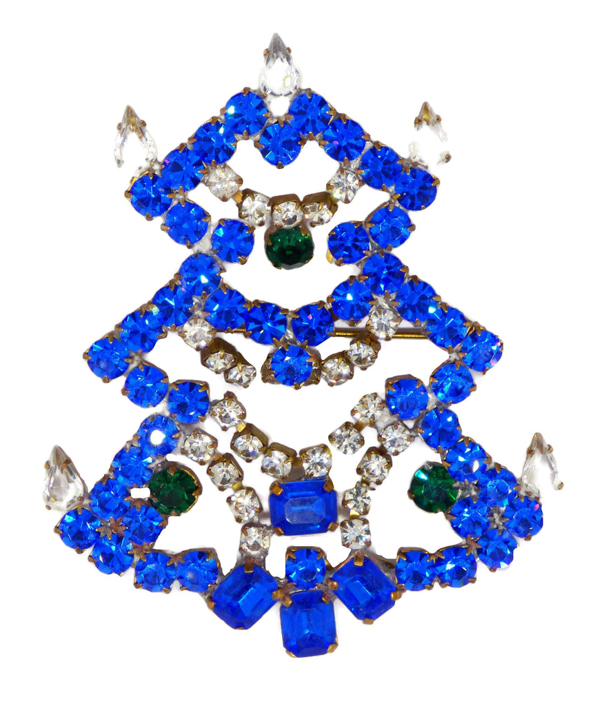 Czech Glass Blue Christmas Tree Brooch