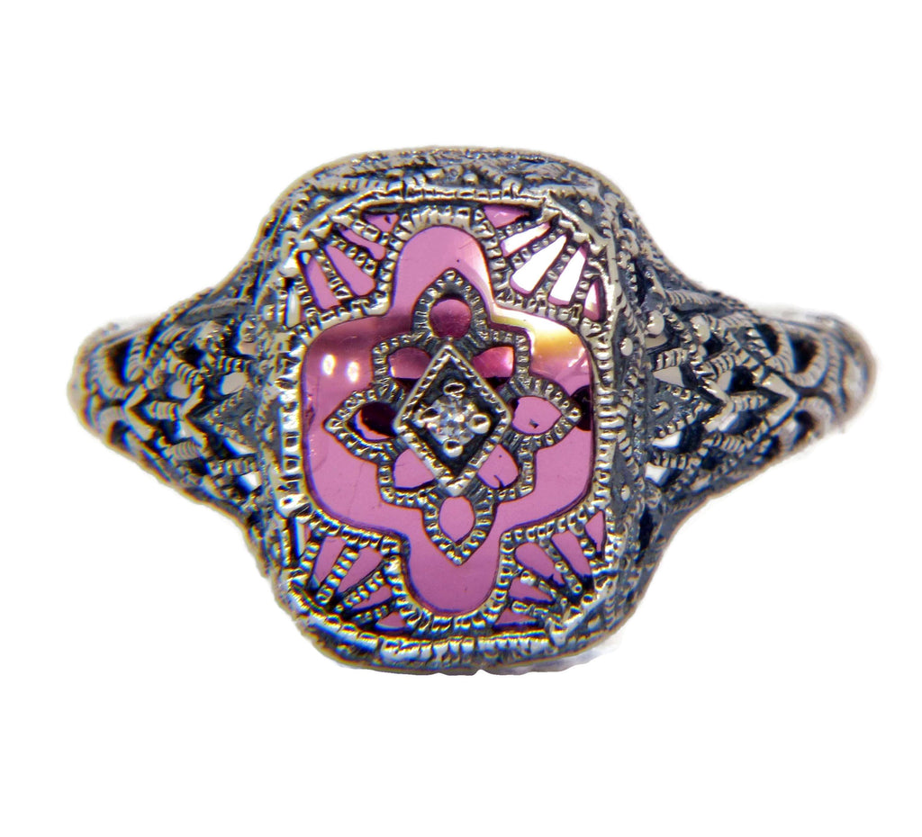 Art Deco Rose Glass Sterling Silver Filigree Revival Ring