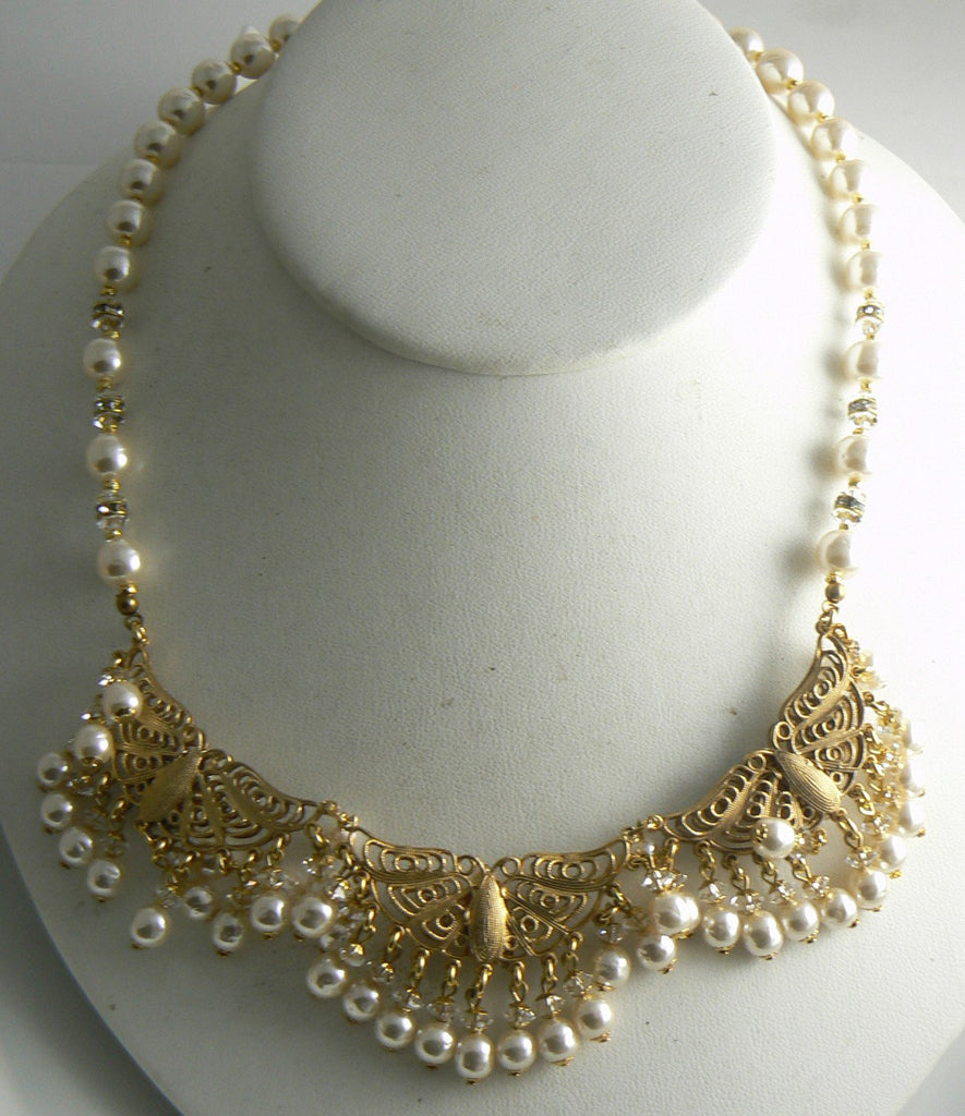 Miriam Haskell Glass Pearl and Rhinestone Necklace - Vintage Lane Jewelry