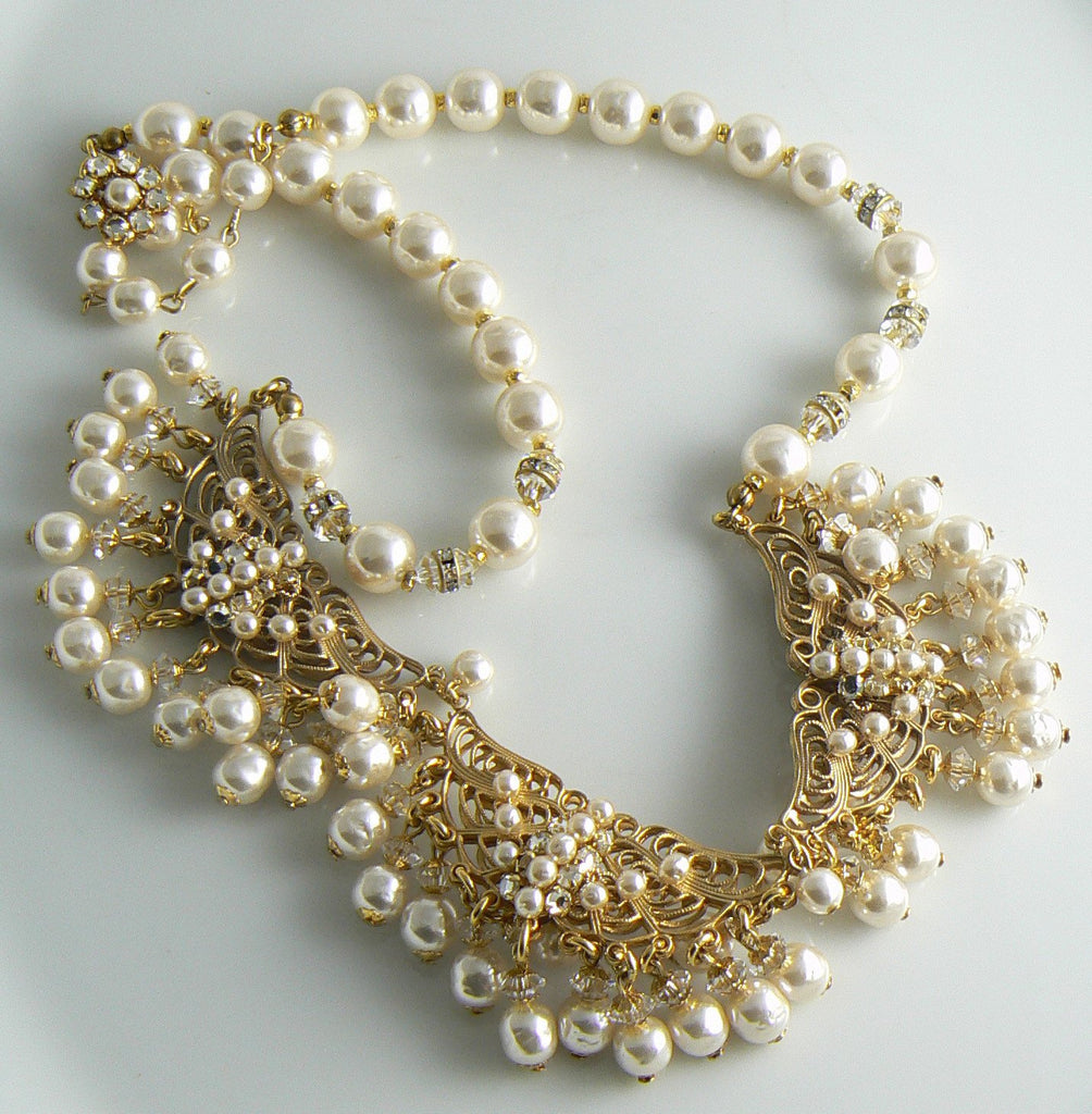 Miriam Haskell Glass Pearl and Rhinestone Necklace