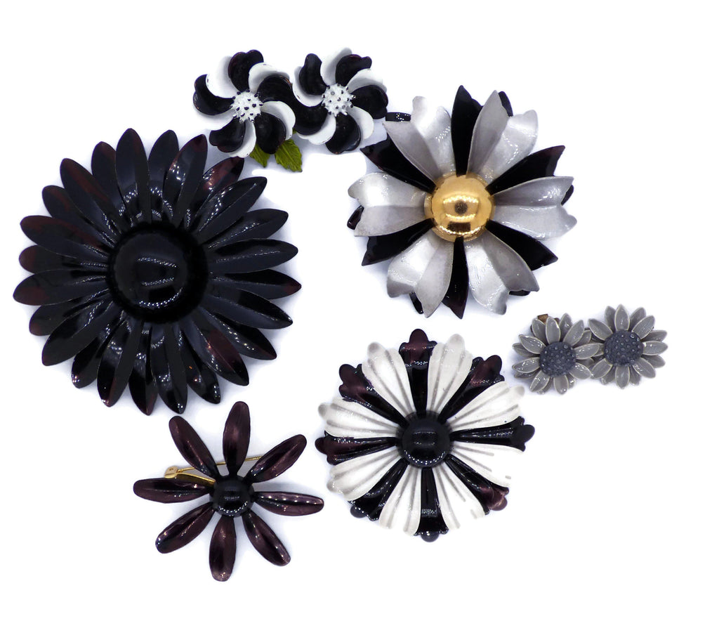Shades of Gray Enamel Flower Lot, 5 pins, 1 Clip Earrings, Flower Brooches