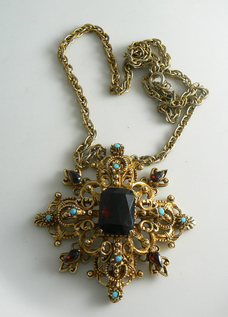 Florenza Garnet Turquoise Glass Maltese Cross Necklace