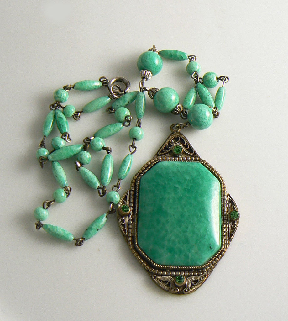 Czech Peking Green Glass Bead Necklace with Pendant