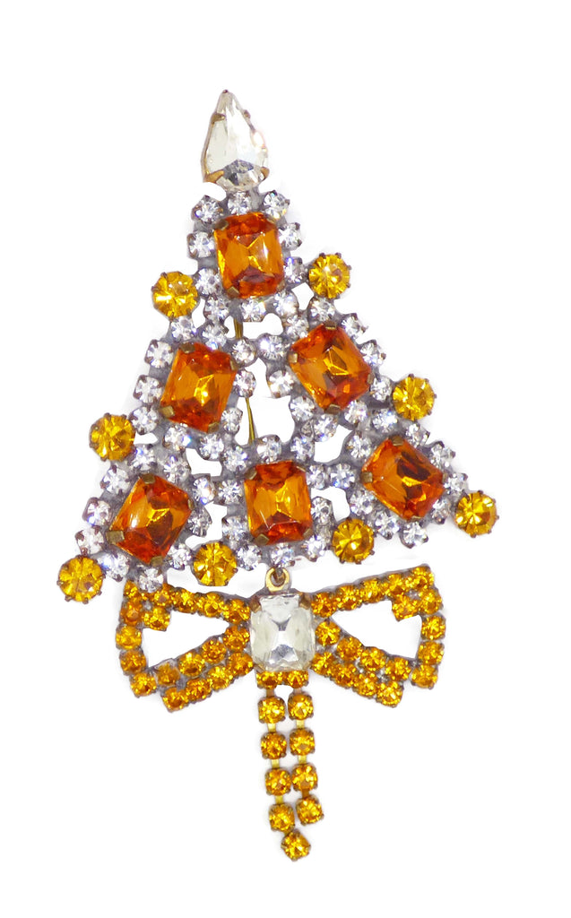Czech Glass Gold Rhinestone Christmas Tree Brooch with Dangling Ribbon