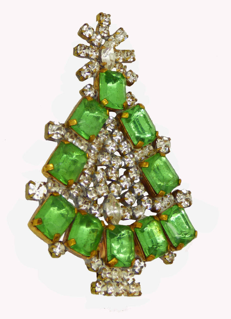 Czech Glass Green Rhinestone Husar D. Signed Christmas Tree Pin, X-mas pin, Holiday Brooch