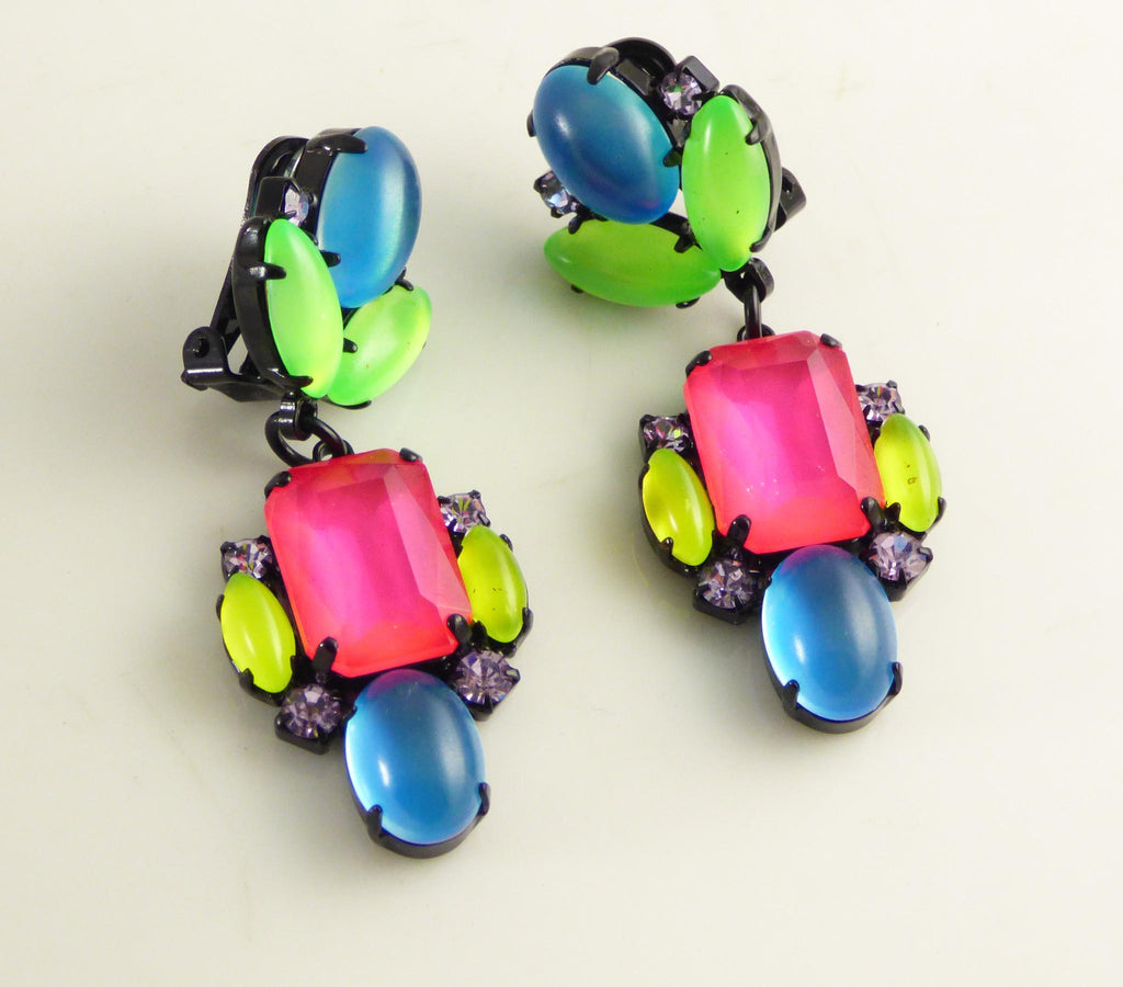 Czech Multicolored Pastel Neon Clip Earrings